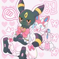 amount:pair body-type:feral dress embarrassed forced series:eeveelutions series:pokemon smug species:umbreon style:girly style:one-color style:pink style:very-girly visibly-shy visual-teasing wearing-bow // 1682x1662 // 275KB