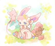 amount:multiple body-type:feral hall-of-fame:bronze series:eeveelutions series:pokemon species:buneary species:mew species:sylveon style:playful visual-teasing // 700x583 // 337KB