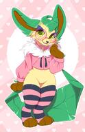 amount:solo body-type:anthro collar crop-top fluffified glasses nerdy series:eeveelutions series:pokemon species:leafeon style:contrasting-colors style:girly style:kemono style:one-color style:pink sweater thigh-highs // 1394x2160 // 243KB