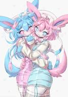 affection amount:pair body-type:anthro hall-of-fame:bronze hugging opposite-clothing pa series:eeveelutions series:pokemon species:shiny-pokemon species:sylveon style:kawaii style:kemono style:pastel-colors style:playful // 767x1100 // 146KB