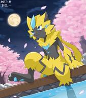 amount:solo atmosphere:hot-springs atmosphere:night atmosphere:petals atmosphere:sakura body-type:anthro hall-of-fame:bronze moon species:zeraora style:kemono // 1058x1200 // 198KB