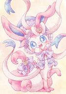 amount:solo atmosphere:easter body-type:feral hall-of-fame:bronze hall-of-fame:silver series:eeveelutions series:pokemon species:sylveon spring-outfit style:girly style:pastel-colors style:playful style:very-girly style:watercolor wearing-bow // 1402x2000 // 577KB