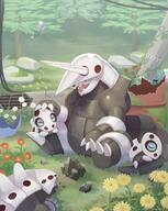 amount:multiple atmosphere:field atmosphere:flowers atmosphere:ruins body-type:feral body-type:semi-anthro flower species:aggron species:aron species:drifloon species:lairon style:painted // 1668x2088 // 406KB
