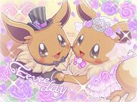 amount:pair atmosphere:flowers body-type:feral flower hall-of-fame:bronze hall-of-fame:silver hat outfit series:pokemon species:eevee style:girly style:kawaii style:noisy style:outline style:pastel-colors style:playful style:sparkly style:very-kawaii suit touching-paws wearing-bow wedding-dress // 1024x768 // 198KB