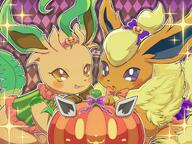 amount:pair atmosphere:halloween body-type:feral hall-of-fame:bronze hall-of-fame:silver licking-lips series:eeveelutions series:pokemon species:flareon species:leafeon style:abstract-background style:checkered style:kawaii style:outline style:very-kawaii wearing-bow // 2048x1536 // 449KB