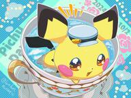 amount:solo body-type:feral body-type:semi-anthro cramped hat species:pichu style:abstract-background style:intentional-blur style:kawaii style:very-kawaii tea // 2048x1536 // 387KB