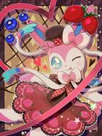 amount:solo blep blueberries body-type:feral body-type:semi-anthro chocolatier dress hall-of-fame:bronze hall-of-fame:gold hall-of-fame:silver hat heart-shape outfit series:eeveelutions series:pokemon species:sylveon strawberry style:abstract-background style:border style:dithering style:girly style:kawaii style:kemono style:outline style:very-girly wink // 1518x2024 // 466KB