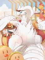 amount:multiple atmosphere:cafe atmosphere:town body-type:anthro body-type:semi-anthro coffee eating glasses hall-of-fame:bronze hall-of-fame:silver sandwich species:dragonite species:larvesta species:reshiram style:kemono sunglasses // 1500x2000 // 376KB