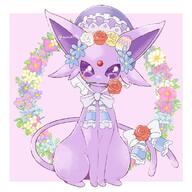 amount:solo atmosphere:spring body-type:feral flower forehead-gem holding-object holding-object-in-mouth series:eeveelutions series:pokemon species:espeon spring-outfit style:kawaii style:pastel-colors style:playful style:white-border wearing-bow // 600x600 // 80KB