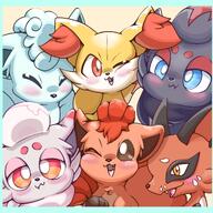 amount:multiple body-type:feral hall-of-fame:bronze happy species:alolan-vulpix species:fennekin species:hisuian-zorua species:nickit species:vulpix species:zorua style:border style:playful // 1280x1280 // 231KB
