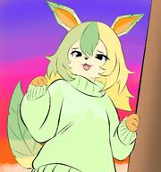 amount:solo atmosphere:sunset body-type:anthro body-type:humanoid hair hall-of-fame:bronze oversized-sweater series:eeveelutions series:pokemon species:leafeon style:kemono sweater sweater-only // 1109x1186 // 117KB