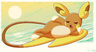 amount:solo atmosphere:beach atmosphere:sunset body-type:semi-anthro hall-of-fame:bronze hall-of-fame:silver laying-on-side laying-on-tail relaxed smug species:alolan-raichu style:kawaii visual-teasing // 2000x1088 // 308KB