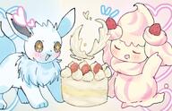 amount:pair body-type:feral body-type:semi-anthro cake excited food hall-of-fame:bronze series:pokemon species:alcremie species:eevee species:food-creature style:pastel-colors sweets // 1428x922 // 164KB