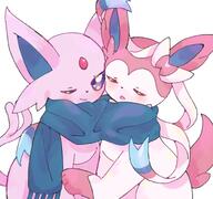 affection amount:pair body-type:feral cuddling forehead-gem hall-of-fame:bronze hugging scarf series:eeveelutions series:pokemon species:espeon species:sylveon style:girly style:kawaii style:playful // 1616x1518 // 1.9MB
