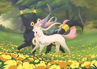 amount:pair atmosphere:field atmosphere:flowers atmosphere:forest body-type:feral fluffified series:eeveelutions series:pokemon species:sylveon species:umbreon // 900x637 // 996KB