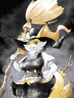 amount:solo atmosphere:halloween atmosphere:spooky body-type:anthro hall-of-fame:bronze maid outfit smug species:braixen style:kemono style:watercolor visual-teasing witch // 850x1133 // 154KB