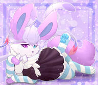 amount:solo body-type:feral heterochromia laying-on-belly laying-on-side maid neutral-expression outfit series:eeveelutions series:pokemon species:fusion species:glaceon species:sylveon style:border style:girly style:playful style:sparkly style:very-girly thigh-highs // 2058x1790 // 553KB