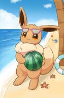 amount:solo atmosphere:beach body-type:feral body-type:semi-anthro hall-of-fame:bronze hall-of-fame:silver melon series:pokemon smug species:eevee style:kawaii sunglasses visual-teasing watermelon // 1122x1704 // 122KB