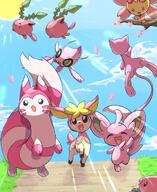 amount:multiple atmosphere:sunlight atmosphere:town body-type:feral body-type:semi-anthro deerling series:pokemon species:celebi species:cherrim species:deerling species:furret species:hoppip species:minccino species:shiny-pokemon style:girly style:one-color style:pink // 2048x2500 // 511KB