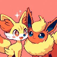 affection amazed amount:pair body-type:feral cheek-rub happy pressing-same-body-part-against-each-other series:eeveelutions series:pokemon species:fennekin species:flareon style:pixel-art // 959x959 // 108KB