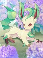 amount:solo atmosphere:field atmosphere:flowers body-type:feral flower laying-on-side series:eeveelutions series:pokemon species:leafeon style:kawaii style:very-kawaii // 1536x2048 // 458KB