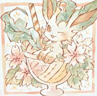 amount:solo atmosphere:flowers blep body-type:feral cramped creature-in-food drink flower series:eeveelutions series:pokemon species:leafeon style:watercolor style:white-border wink // 1399x1387 // 299KB