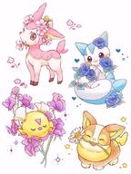 amount:multiple amount:solo body-type:blob body-type:feral deerling feminine flower holding-object holding-object-in-mouth series:pokemon species:deerling species:flittle species:pachirisu species:yamper style:dithering style:girly wearing-flower // 959x1280 // 182KB