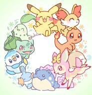 amount:multiple amount:solo body-type:feral series:pokemon species:bulbasaur species:charmander species:chikorita species:deerling species:ditto species:fennekin species:pikachu species:piplup species:rowlet species:spheal style:pastel-colors style:playful style:rainbow // 700x725 // 349KB