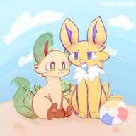 amount:pair atmosphere:beach beachball body-type:feral popsicle series:eeveelutions series:pokemon species:jolteon species:leafeon // 2048x2048 // 623KB