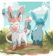 amount:pair atmosphere:field atmosphere:hills body-type:feral series:eeveelutions series:pokemon species:glaceon species:sylveon style:kawaii style:very-kawaii style:white-border // 800x850 // 738KB