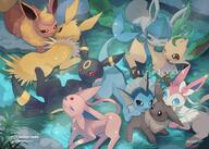 affection amount:multiple atmosphere:swamp body-type:feral cuddling forehead-gem grouping:all-eeveelutions series:eeveelutions series:pokemon species:eevee species:espeon species:flareon species:glaceon species:jolteon species:leafeon species:sylveon species:umbreon species:vaporeon style:chromatic-aberration style:circle-sparkles // 1759x1251 // 323KB