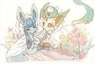amount:pair atmosphere:flowers body-type:feral series:eeveelutions series:pokemon species:glaceon species:leafeon style:painted // 900x610 // 749KB