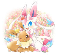 affection amount:solo body-type:feral feminine flower hugging series:eeveelutions series:pokemon species:eevee species:sylveon style:girly style:over-exposure style:sparkly wearing-flower // 729x704 // 164KB