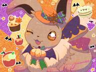 amount:solo apple atmosphere:autumn atmosphere:halloween body-type:feral cake cupcake fang food hall-of-fame:bronze hall-of-fame:silver series:pokemon species:eevee style:kawaii style:outline style:patterned style:very-kawaii sweets top-hat wink // 1024x768 // 213KB