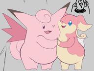 amount:pair belly-squish body-type:overweight body-type:semi-anthro species:audino species:clefable wings wink // 800x598 // 135KB