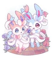 amount:pair atmosphere:garden body-type:feral flower series:eeveelutions series:pokemon species:shiny-pokemon species:sylveon style:dithering style:opposite-background // 1600x1800 // 314KB