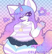 amount:solo body-type:anthro detailed-print eft freckles furry long-hair skirt species:fox style:abstract-background style:checkered style:girly style:kemono style:pastel-colors style:playful style:sparkly style:very-girly style:very-playful thigh-highs // 1366x1428 // 291KB