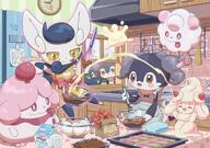 amount:multiple atmosphere:home baking body-type:blob body-type:semi-anthro chocolate eggs food hall-of-fame:platinum maid outfit species:alcremie species:food-creature species:indeedee species:meowstic species:milcery species:slurpuff species:swirlix style:girly style:one-color style:pastel-colors style:pink telekinesis wearing-bow // 2893x2038 // 748KB