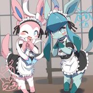 amount:pair atmosphere:cafe blushing body-type:anthro body-type:semi-anthro embarrassed hall-of-fame:bronze hall-of-fame:gold hall-of-fame:silver maid mirrored-pose outfit series:eeveelutions series:pokemon species:glaceon species:sylveon style:kawaii style:kemono style:very-kawaii visibly-shy visual-teasing wink // 2039x2039 // 463KB