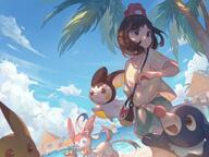 amount:multiple atmosphere:beach body-type:feral body-type:semi-anthro character:selene hall-of-fame:bronze humanoid series:eeveelutions series:pokemon species:bounsweet species:emolga species:human species:pikachu species:popplio species:sylveon style:painted // 2048x1532 // 333KB