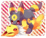 affection amount:pair body-type:semi-anthro cuddling series:eeveelutions series:pokemon species:jolteon species:umbreon style:striped-background // 669x555 // 770KB